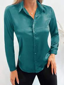 EURMUSE Solid Button Front Shirt - Teal Blue - View 2