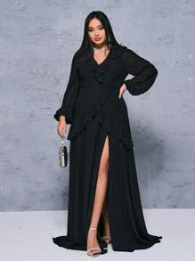 seomiscky Plus Size Women's Fashionable V-Neck Dress With Ruffle Hem And Side Split Elegant Long Sleeve Prom Semi Formal Wedding Guest Dress, For Birthday, Graduation, Homecoming