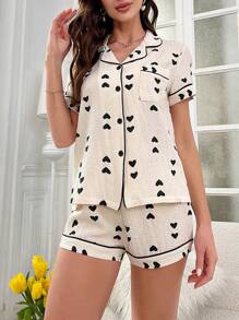Contrast Trim Heart Patterned Short Sleeve Top And Shorts Pajama Set For Summer Home Wear - Beige - View 5