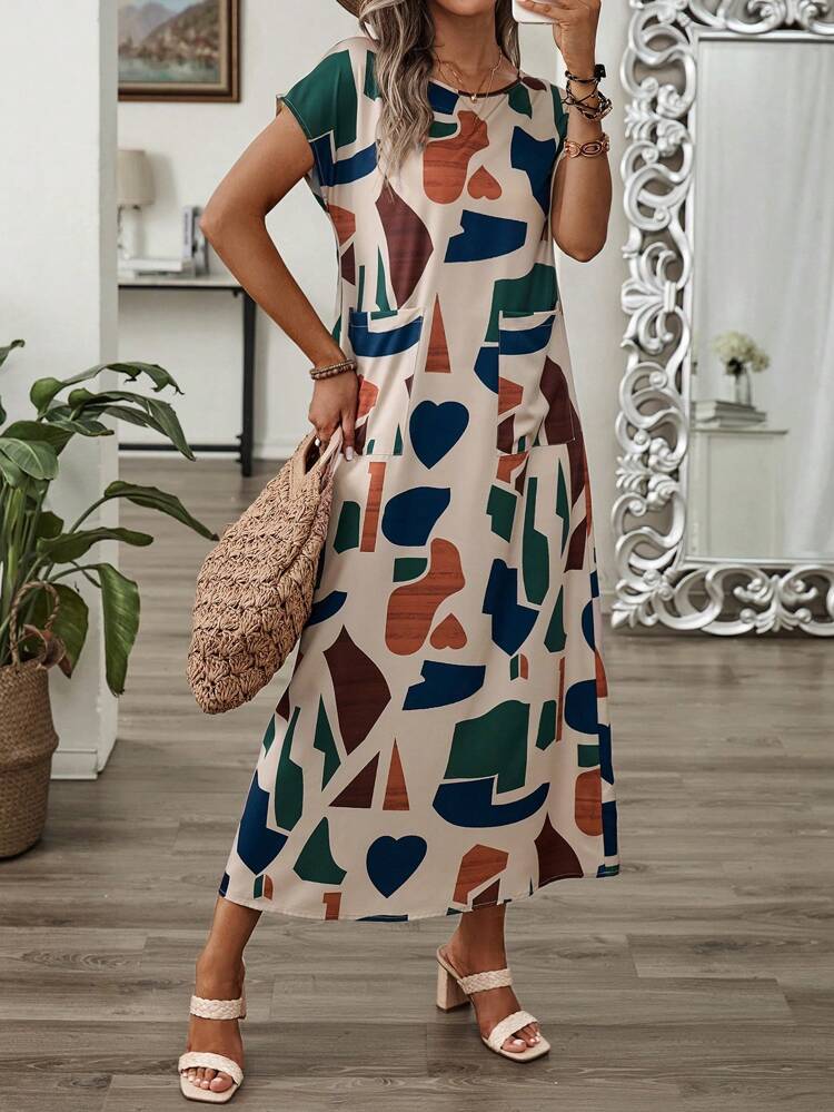 Women's Random Printed Round Neck Short Sleeve Dress