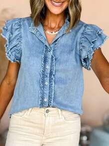 Acelitt Casual Solid Color Sleeveless Denim Crop Top With Ruffle & Fringe Trim - Blue - View 3