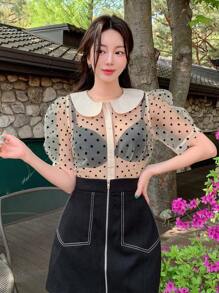 DAZY 波尔卡圆点网眼撞色短袖衬衫，彼得潘领，前襟纽扣，女式，褶边透视 - 杏色 - 查看 3