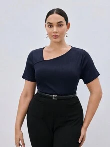 BizChic Áo thun nữ tay ngắn sọc xanh cổ chữ V có cỡ Plus, áo thun thường ngày mùa hè - Màu xanh hải quân - Xem 4