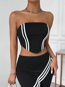 Zolique 女士條紋印花不對稱擺型無袖背心 - 黑色 - 查看 4