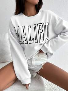 RueChic Letter Embroidery Round Neck Drop Shoulder Sweatshirt - White - View 3