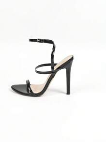 女士简约圆头细高跟凉鞋，带扣，适合休闲、聚会、活动，黑色 - 黑色 - 查看 7