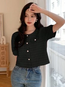 DAZY Short Sleeve Round Neck Women Shirt With Textured Fabric Summer,Crop Tops Women - Black - View 3