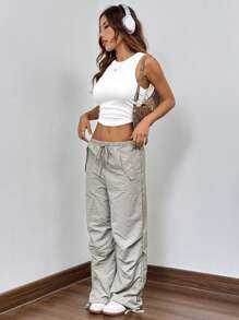 SHEIN EZwear Summer Outfit White Casual Solid Curved Hem Ruched Tank Top - White - View 4