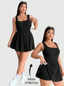 SHEIN EZwear Plus Size Women's Sleeveless Romper, Solid Color Pockets,One Piece Outfit - Black - View 1