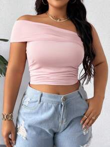 Calvaya Sommerliche Damen Große Größen einfarbige One-Shoulder-Crop-Slim-Top mit Falten