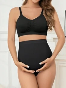 Ladies' Solid Color Gathered Simple Bra And Panties Set - Black - View 5