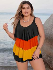 Swim Lushoire Plus Size Women's Summer Beach Color Block Ruffled Hem Beach Vacation Swim Dress - Multicolor - View 5