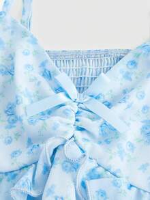 ROMWE Fairycore Strapless Floral Print Vacation Dress - Blue - View 4