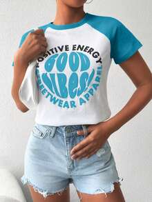 Cottnline Camiseta con estampado de letra de manga raglán