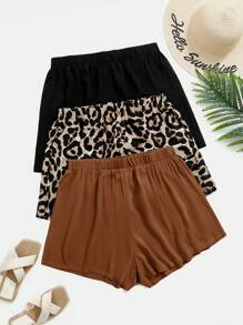 SHEIN VCAY Set de 3 shorts de talla grande para mujer en unicolor y estampado de leopardo - Marrón - Ver 1