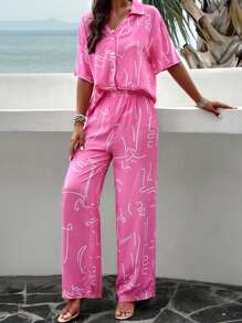 INAWLY Ladies' Vacation Casual 2pcs Random Printed Short-Sleeved Shirt And Long Pants Set - Watermelon Pink - View 5