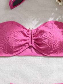 SHEIN Swim Summer Women's Solid Color Bandeau Bikini Set For Vacation, Scover Up Skirt 3pcs - Hot Pink - View 4