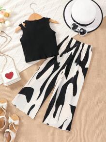 SHEIN Young Girl Fashionable Classic Black And White Vest And Wide Leg Pants Set