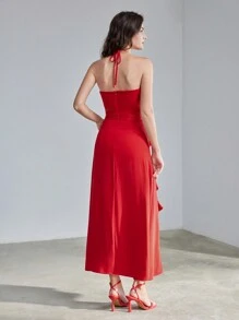 MOTF PREMIUM SOLID RUFFLE TRIM HALTER NECK DRESS