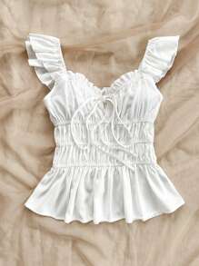Soleia Short-Sleeved Top With Solid Color, Gathered Waistband, And Casual Daily Style