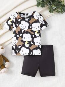 Young Boy Simple Monochrome Monkey Print Short Sleeve And Shorts Snug Fit Pajama Set - White - View 1