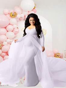 JustVH Maternity Long Sleeve Floor-Length Mesh Dress, Suitable For Baby Photoshoot And Baby Shower Spring White - White - View 2