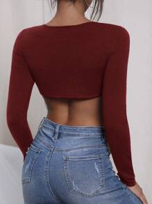 EURMUSE Rhinestone Fringe Hem Crop Sweater - Brown - View 2