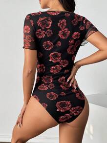 SHEIN Privé Women's Summer Floral Print Short Sleeve Tie Waist Slim Fit Bodysuit - Multicolor - View 2