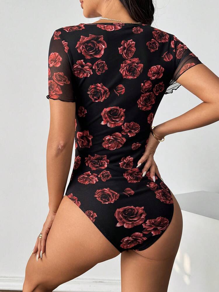 Women's Summer Floral Print Short Sleeve Tie Waist Slim Fit Bodysuit