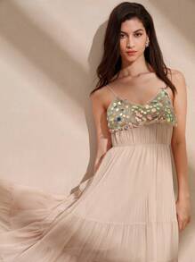 Anewsta 夏季時尚閃亮拼接無肩腰綁帶裙 - 杏色 - 查看 5