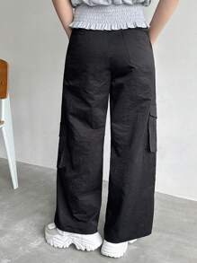 FRIFUL Women's Casual Solid Color Wide Leg Cargo Pants - Black - View 5