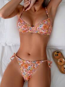 SHEIN Swim 女士花卉印花露背三角比基尼套装、度假比基尼套装、夏季海滩