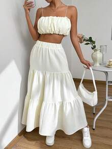 Chiquease Conjunto de top de tirantes de unicolor y falda texturizada de moda para mujer - Albaricoque - Ver 6