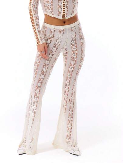 MUSERA 薄纱蕾丝喇叭裤 夏季镂空裤 波西米亚风 可爱 度假风 优雅