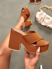 Woman Shoes Crocodile Embossed Wedge Slide Sandals For Spring And Summer