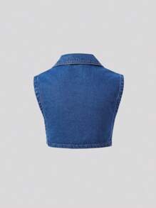SHEIN Teen Girl Vintage & Personalized Loose Comfortable Denim Wide Strap Crop Vest Jacket For Casual Wear - Dark Wash - View 2
