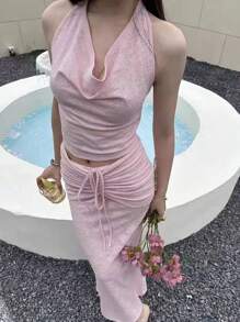Flirla Women Summer Halter Neck Sleeveless Top With Drawstring Waist Long Skirt 2pcs Casual Set