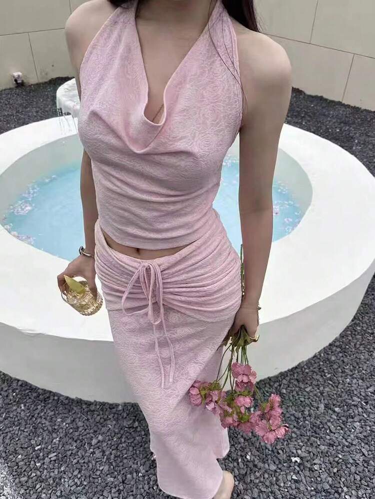 Women Summer Halter Neck Sleeveless Top With Drawstring Waist Long Skirt 2pcs Casual Set