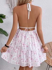 Breezaya Ngày lễ thường ngày Ditsy hoa cut-out thêu Cinching eo hở lưng Halterneck Dress - Hồng - Xem 1