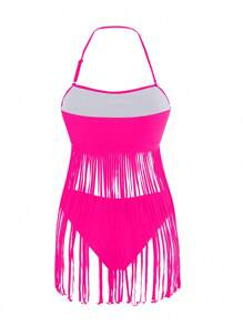 SHEIN Swim 2pcs Solid Color Tankini Set With Fringed Hem Halter Neck Top And Bikini Bottoms For Vacation,Summer Beach - Hot Pink - View 6