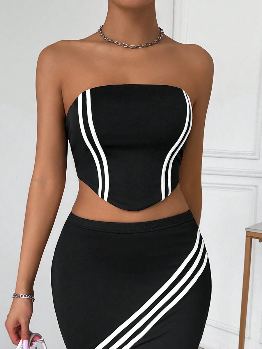 Zolique 女士條紋印花不對稱擺型無袖背心 - 黑色 - 查看 1