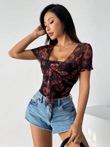 SHEIN Privé Women's Summer Floral Print Short Sleeve Tie Waist Slim Fit Bodysuit - Multicolor - View 4