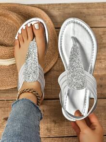 Sandalias planas de verano para mujer con decoración de pedrería, color plateado - Plateado - Ver 4