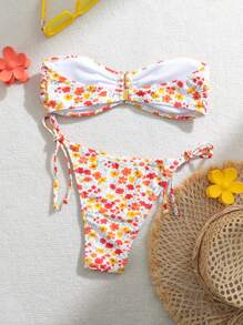 SHEIN Swim 夏季女士花卉印花抹胸比基尼套装，配有三角形泳裤和腰带，适合海滩度假 - 随机印花 - 粉色 - 查看 5