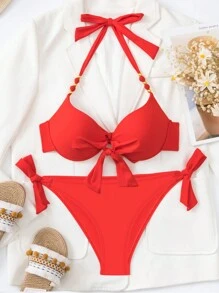Swim Vcay Set de 2 bikinis con diseño floral, copa acolchada y estilo halter para el verano
