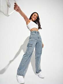 SHEIN EZwear 女士時尚休閒牛仔褲，口袋設計 - 淺色水洗藍 - 查看 3