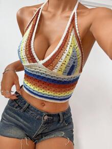 SHEIN EZwear Casual Striped Knitted Top With V-Neck