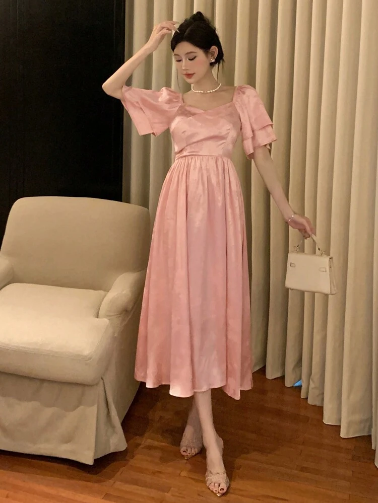 Women's Elegant Pleated Ruffle Hem Casual Party Dress For Summer, Birthday Prom Dress Sundress