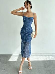 Firerie Elegante vestido de malla con cuello de tirantes, ajuste delgado y estampado floral para mujer, ideal para vacaciones y citas
