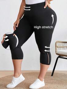 SHEIN LUNE Plus Button Detail Leggings - Black - View 1